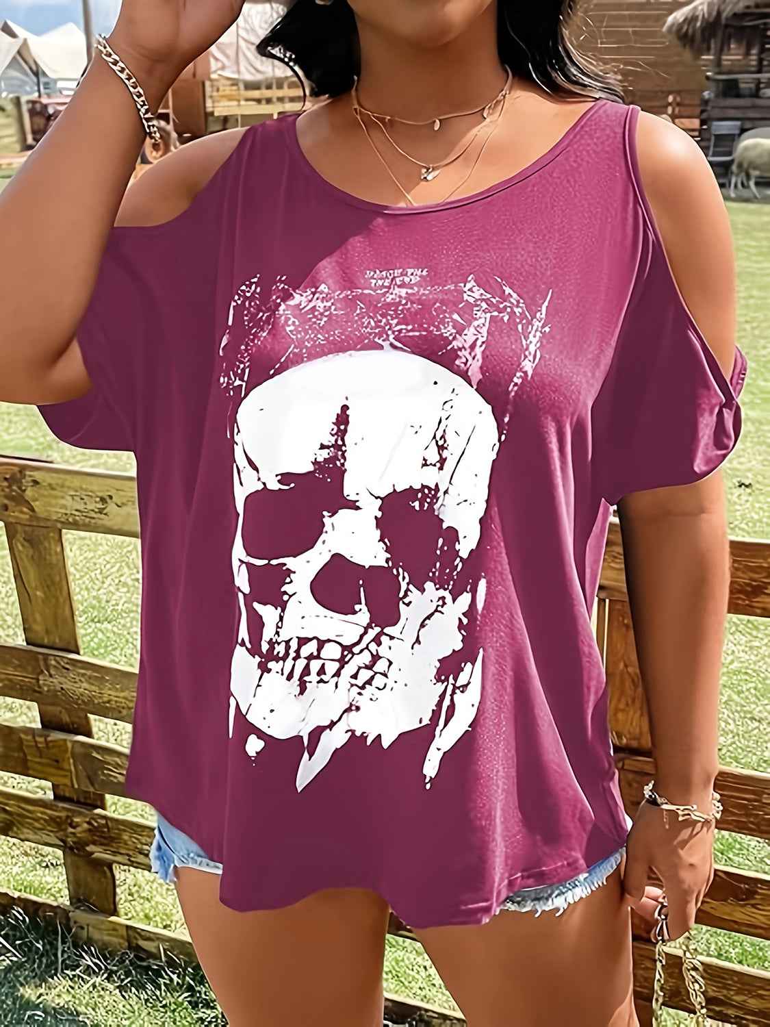 Plus Size Skeleton Graphic Round Neck Cold Shoulder T-Shirt - Damned Threads